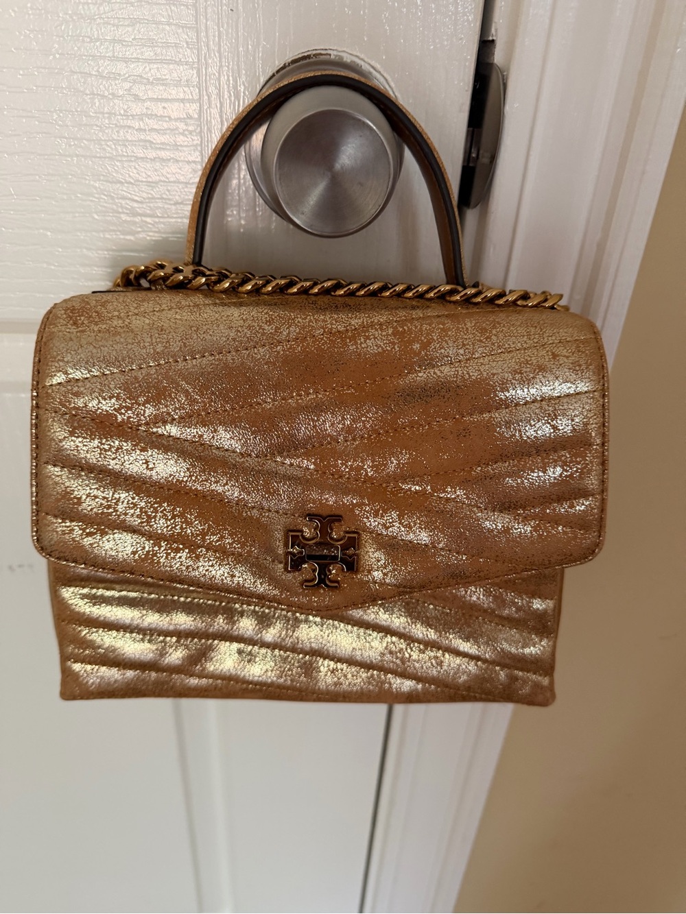 Tory Burch Metallic Gold Kira Chevron Top Handle Chain Bag